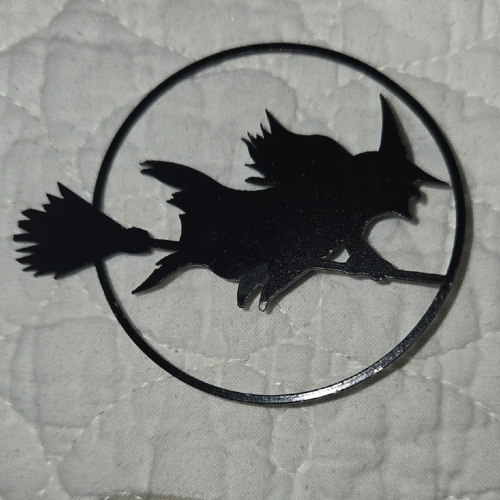 Black Witch on Broomstick Metal Laser Cut  Brooch Art Work By Robert Sims